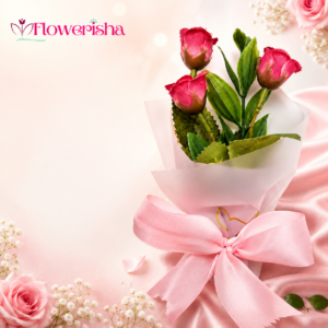 Artificial Rose Bouquet with three pink roses and elegant gift wrapping