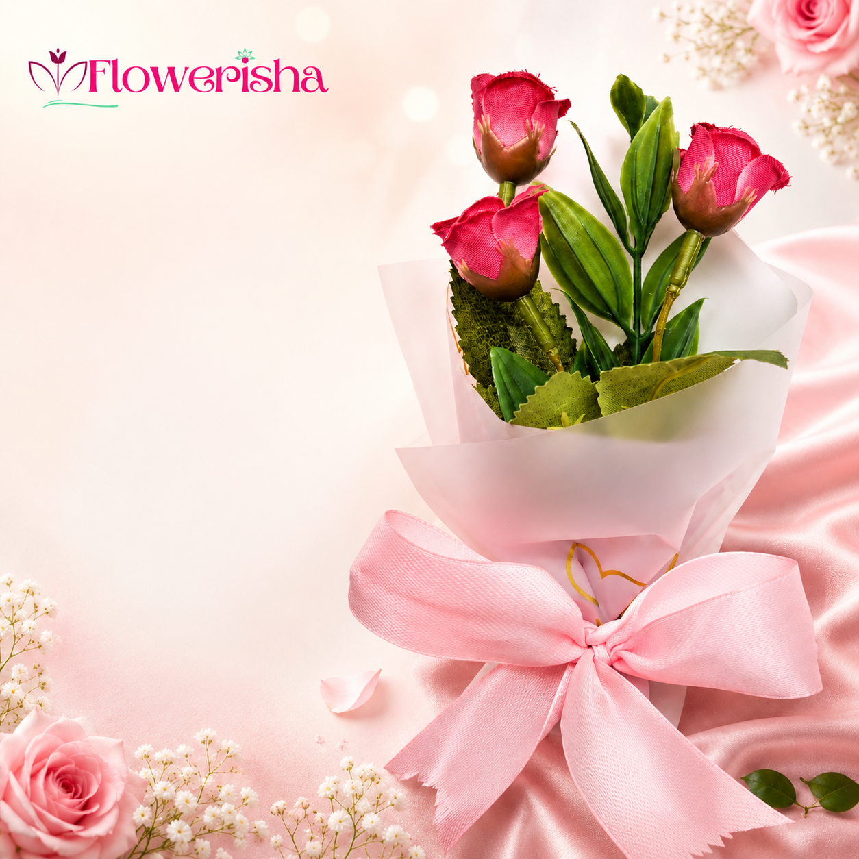 Artificial Rose Bouquet with three pink roses and elegant gift wrapping