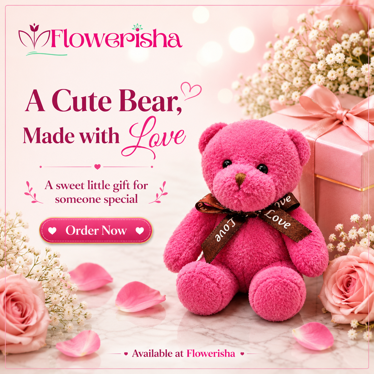 Mini Teddy Bear in pink with a decorative Love ribbon